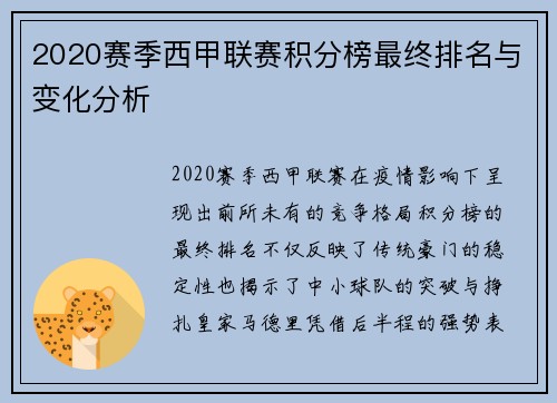 2020赛季西甲联赛积分榜最终排名与变化分析