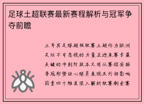 足球土超联赛最新赛程解析与冠军争夺前瞻