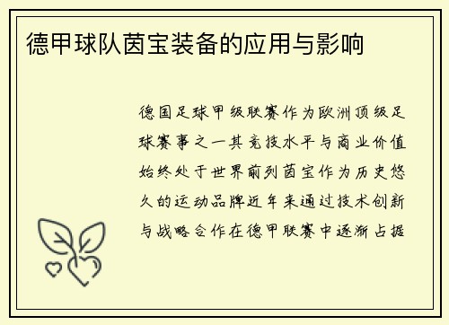 德甲球队茵宝装备的应用与影响