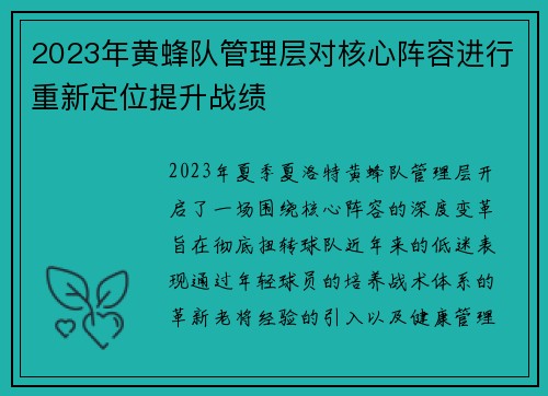 2023年黄蜂队管理层对核心阵容进行重新定位提升战绩